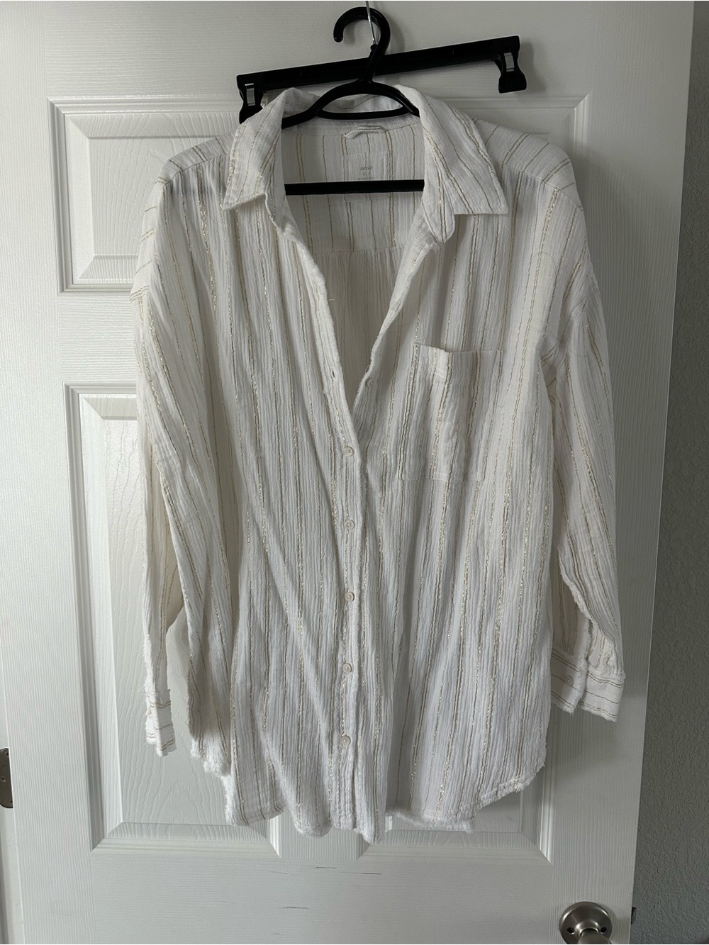 aerie Gauzy Coverup oversized White Button-Down Shirt with Subtle gold Stripes